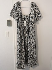NWT Black & White Puff Sleeve Floral Midi Dress Cottagecore Milkmaid Size 16