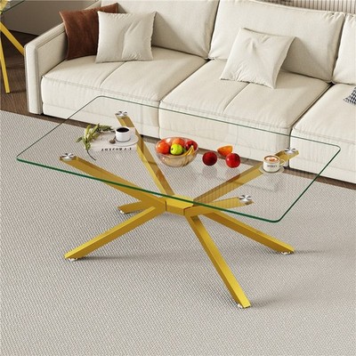39.37'' Rectangular Clear Tempered Glass Coffee Table Metal Legs for Living Room