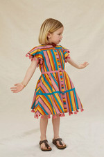 Farm Rio Anthropologie Rainbow Stripe Kids Dress Button Up Tassel Cotton Sz 7/8