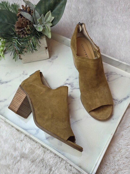Lucky Brand Sz 10 Kalli Brown Suede Leather Open Toe Ankle Boot Western Festival