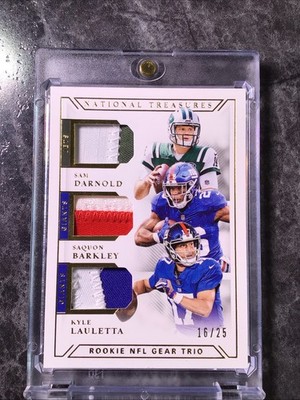 2018 NATIONAL TREASURES ROOKIE GEAR TRIO MATERIALS DARNOLD BARKLEY LAULETTA /25