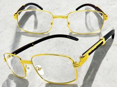 Men's Classy Elegant Retro Hip Hop Clear Lens EYE GLASSES Gold & Faux Wood Frame