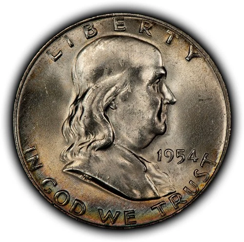 1954-D 50c Franklin Silver Half Dollar - Rainbow Rim Toning - BU - SKU-H3744