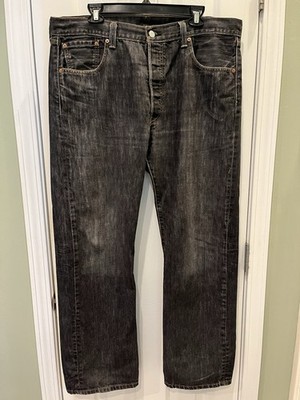 Levis 501 Jeans Button Fly 39x32 Black Wash Faded Black Batwing Irregular 36x30
