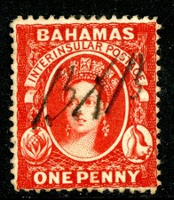 Bahamas 1860 QV 1p Lake Clean Cut Perf 14 Very Thick Paper Scott #2a VFU W590