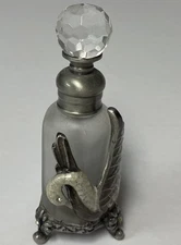 Pewter Enameled Refillable Swan Perfume Bottle Crystal Finial & Accents Frosted