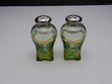 Jefferson Glass Swag & Brackett Shaker Set OL Green w Gold Trim 3 1/8" T ca 1903
