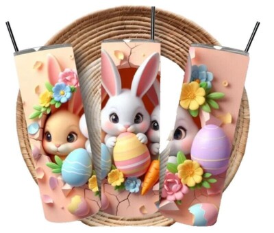 3D Effect Easter Bunnies 20 Oz With Lid And Straw Travel Mug Insulated