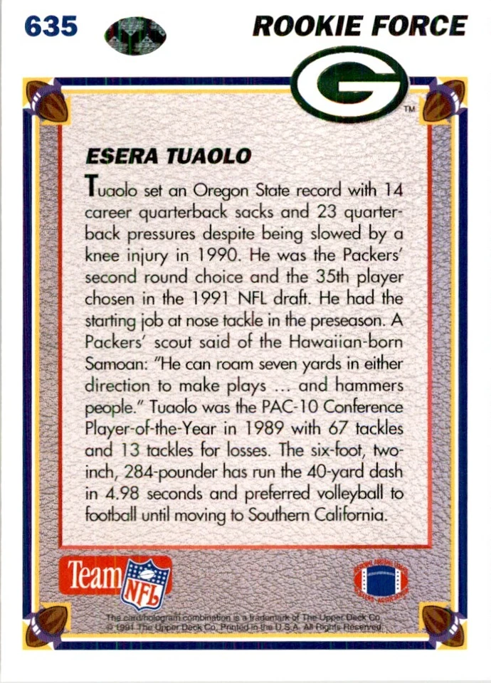 1991 Upper Deck Esera Tuaolo Rookie Football Cards #635 - Image 2 of 2