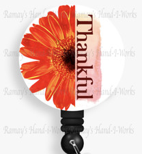 Red Floral "Thankful", Retractable Badge Reel, ID Lanyard Holder