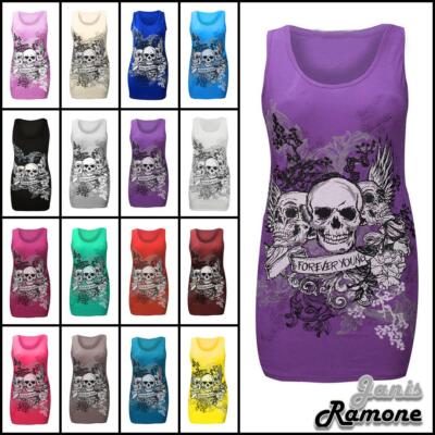 T-Shirt Glitzer Schädel Damen Forever Young ärmellos Rennfahrer Rücken Weste Tops