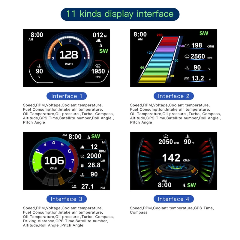 Brújula de alarma de velocidad con pantalla frontal de 3,5" HUD para automóvil OBD2 + GPS + medidor de pendiente Foto 3 de 4