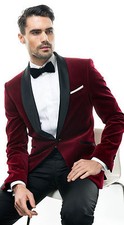 Men Maroon Smoking Jackets Luxury Tuxedo Designer Velvet Party Wear Blazer Coat