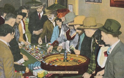 Vintage Postcard A roulette game at a casino, Wooing Lady Luck in Nevada