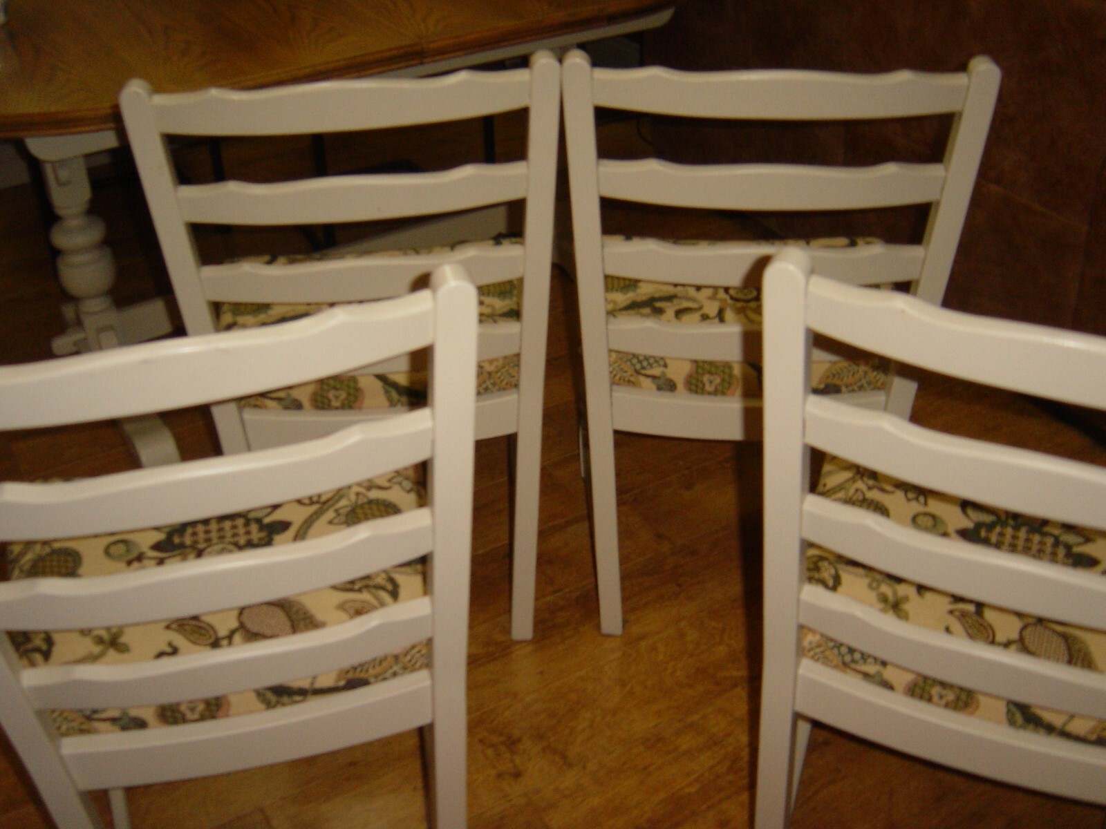 Set of oak Old Charm Dining Chairs with reupholstered seats 4/6