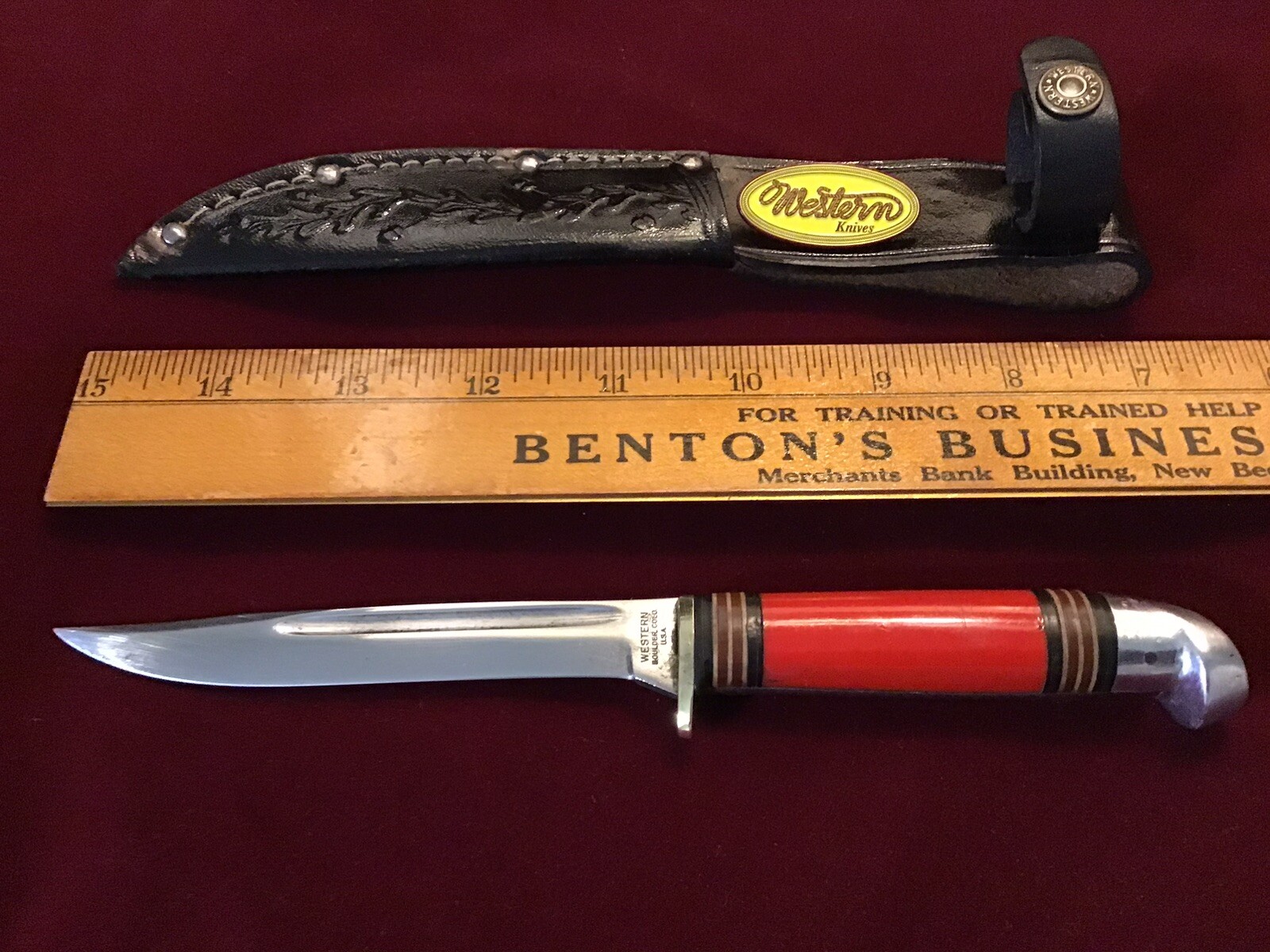 VINTAGE WESTERN BOULDER, COLO. P48A FIXED BLADE HUNTING KNIFE & LEATHER