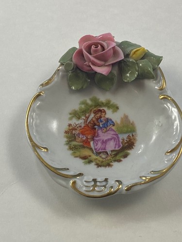Dresden Germany ring trinket holder jewelry 1960 pink yellow rose couple sitting - Picture 6 of 6