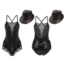 Womens Dancewear Cross Back Dress Ballroom Leotard Sequin With Hat Show Dance