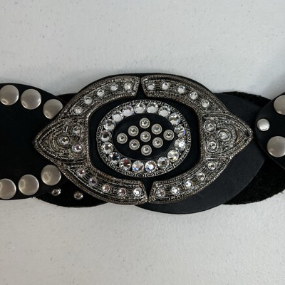 Leather Studded Belt Large 38 Bling Buckle Conch Style Black Silver Southwestern Leather Studded Belt Large 38 Bling Buckle Conch Style Black  main image 3