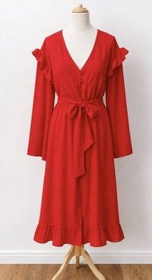 Lost Ink Red Midi Dress UK 24 BNWT Wedding Guest Party Button Front Tie Waist