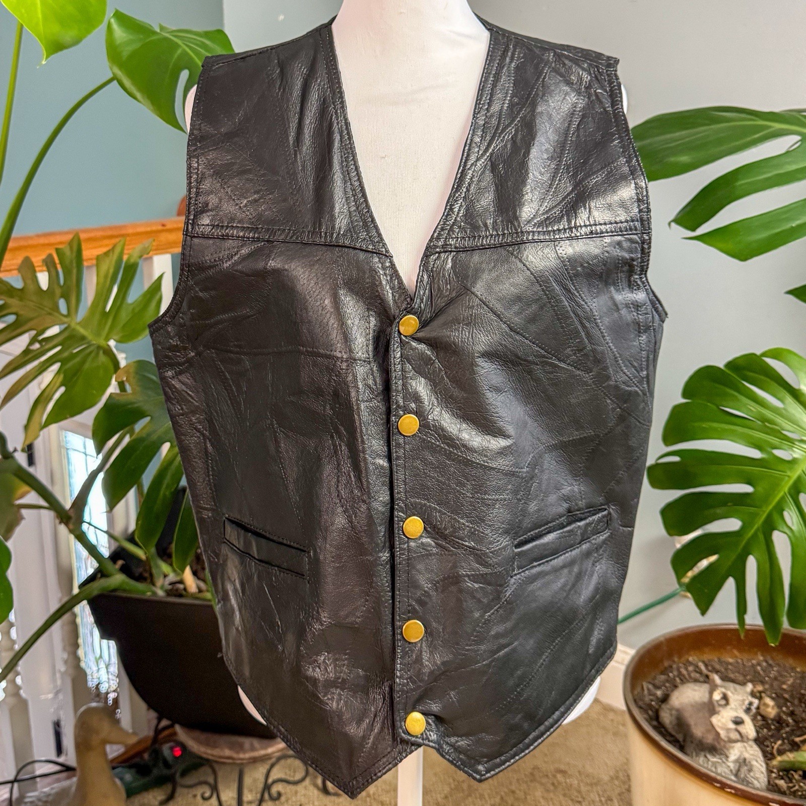 Vintage Black Leather Patchwork Snap Button Vest … - image 9