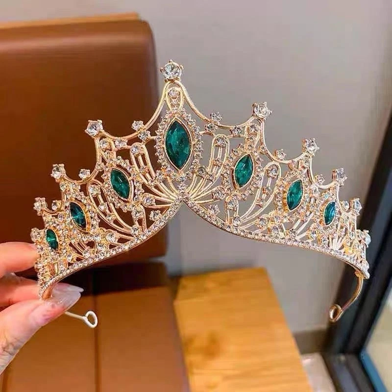 Tiara corona reina gema verde nupcial chapada en oro para damas Foto 4 de 4