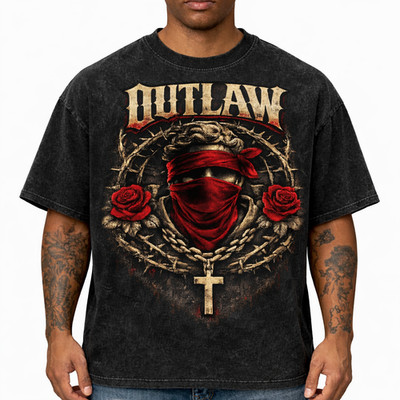 Outlaw Skull Rose Oversized Vintage Acid Wash Streetwear T-Shirt
