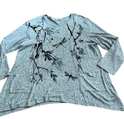 Jess & Jane Women s Dragonfly Floral Art Pockets Shirt Black Gray Moody XL