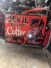 RARE VINTAGE PORCELAIN DEVIL BRAND COFFEE WAKE THE HELL UP SIGN 24”x18” HIP CAFE