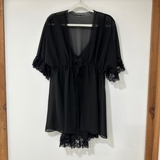 Sheer Lace Trim Chemise Robe Set Women Size S Black Coquette