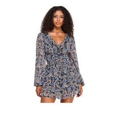 City Studio Paisley Long Sleeve Ruffle Mini Dress Boho V-Neck Blue/Beige NEW M
