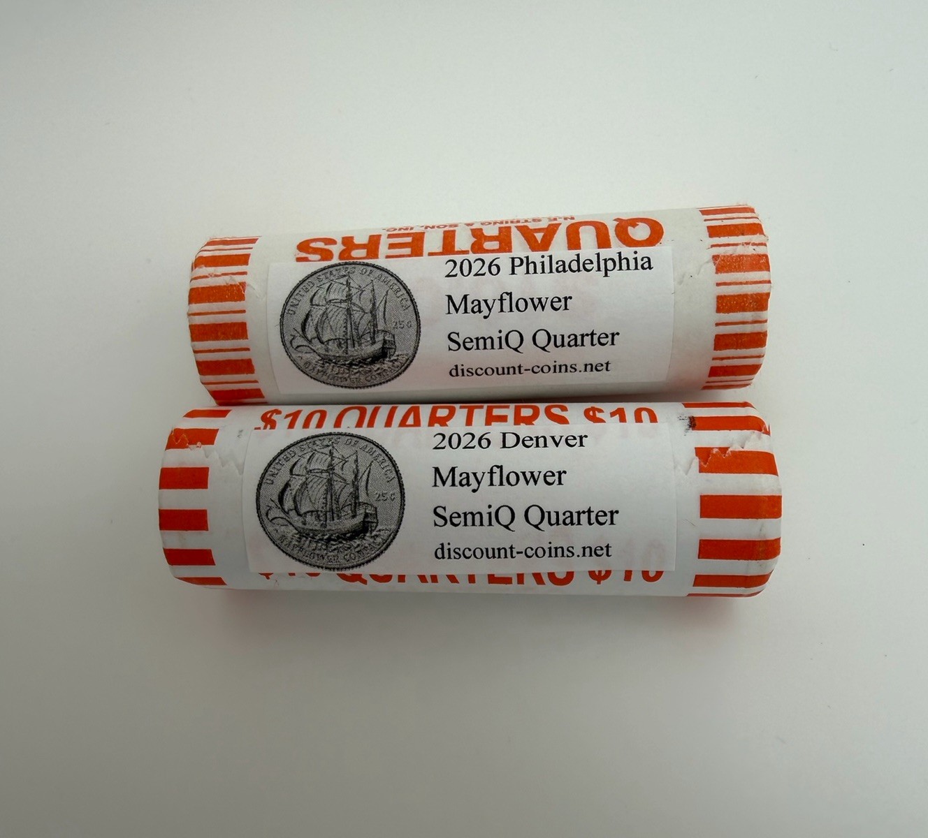 2026 P + D Mayflower Compact Uncirculated Quarter 2x $10 Rolls - IN HAND