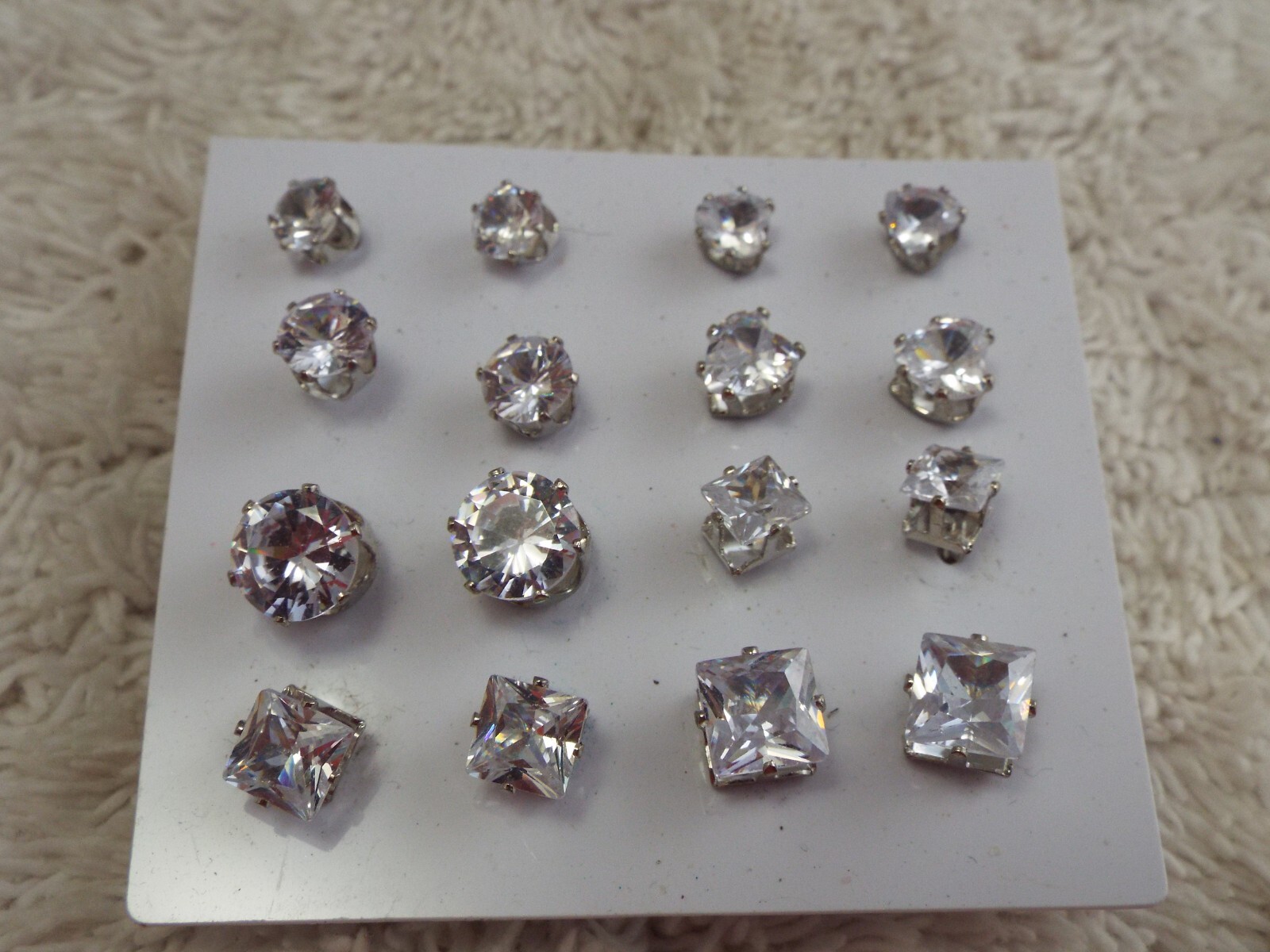 8 pr Silvertone Rhinestone Stud Post Pierced Earr… - image 1