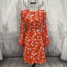 Eliza J Size 2 Orange Floral Tie Waist Dress 3/4 Sleeve A-Line Crepe Pebble B10