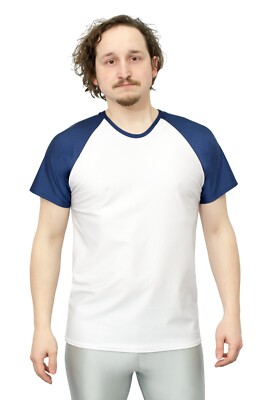 T-Shirt Comfort Fit weiß mit marine-blauen kurzen Raglan Ärmeln stretch shiny