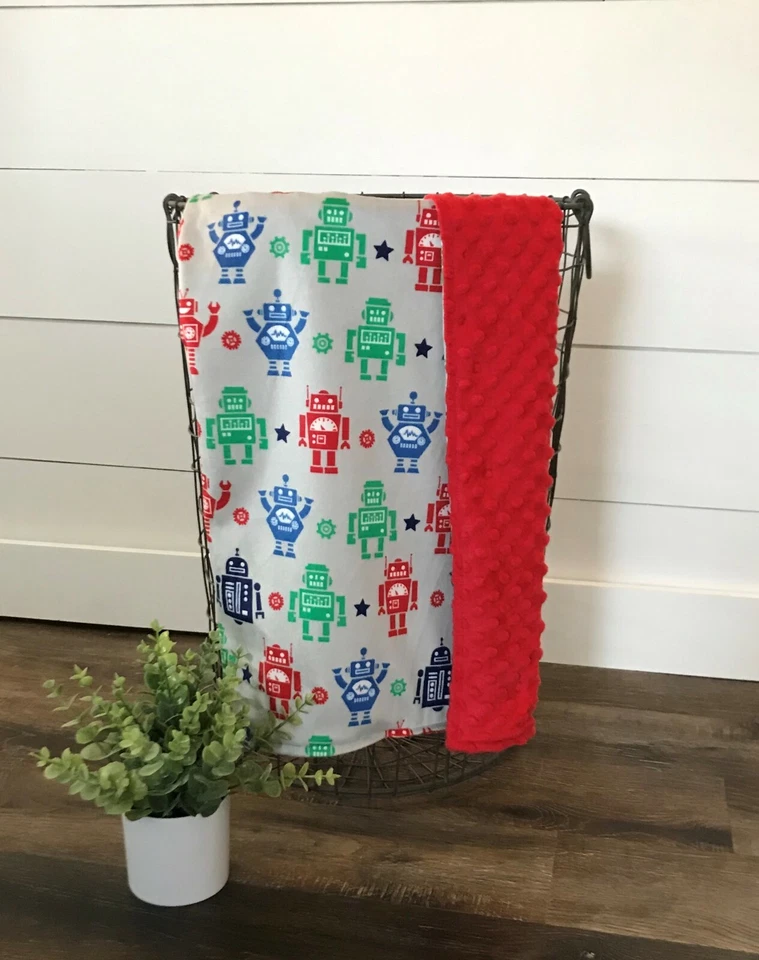 Baby Gift Blanket Robot Red Minky  Boy Shower Present Boy Handmade - Image 2 of 4