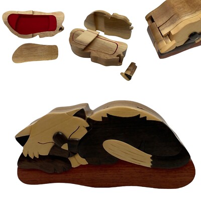 Vintage 90s Carver Dan Handcrafted Wooden Cat Puzzle Trinket Box Compartment 7''