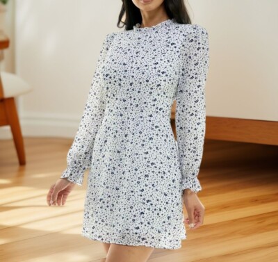 B Darlin Juniors Printed Mock Neck Long Sleeve Dress Cream Navy Size 12 NWT  | eBay