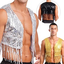 Men Stage Performance Dnace Costumes Tassel Sequins Vests Waistcoat  Jacket 