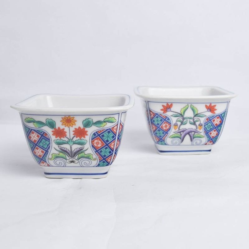 2 x Chinese Japanese Floral Square Porcelain Bowls Dipping Sauce Planter Vase