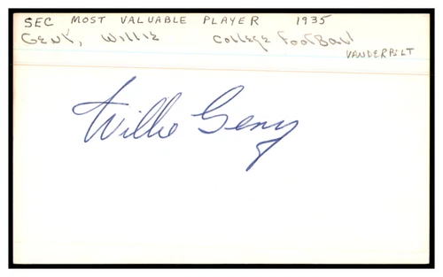 Willie Geny Signed Index Card 3x5 Autographed Vanderbilt 87279