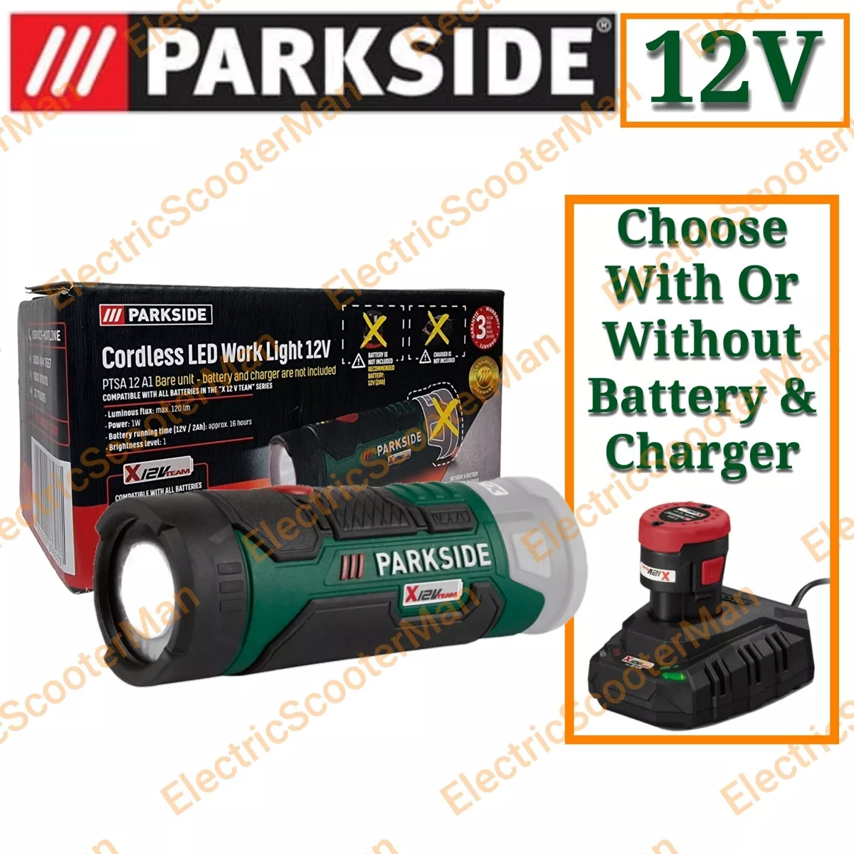 Parkside 12V Cordless LED Torch Work Light Optional For 2Ah Battery Charger