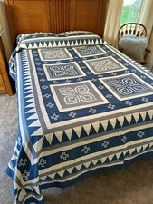 Vintage Queen Quilt Coverlet Hand Pieced/Quilted Blue Grey White Star Block