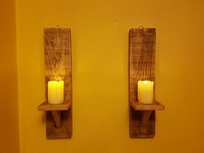 Pair of Handcrafted Wooden Wall Sconce Candle Holders 40cm Shabby Chic Rustic 