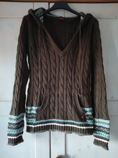 Esprit Damen Pullover mit Kapuze, Gr. XS, Braun Zopfmuster, türkis gemustert