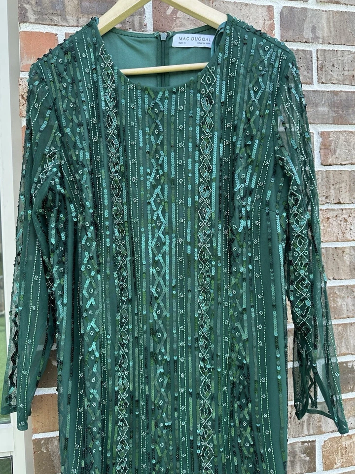 MAC DUGGAL 93874 emerald green dress 14 W Long Sleeve Beaded NWT NEW - Image 2 of 4