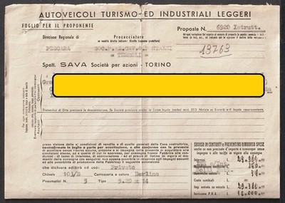 13763 SAVA TORINO - PURCHASE PROPOSAL FIAT 1100 see mod. custom