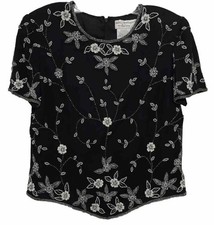 Papell Boutique Top L Black Blouse Beaded Evening Cocktail Silver Embellished