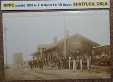 RPPC posted 1908 A. T. & Santa Fe RR Depot, SHATTUCK, OKLA. Postcard REAL PHOTO