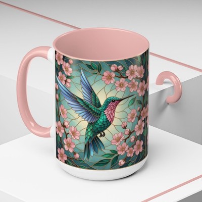 Hummingbird Stained Glass Floral Accent Coffee Mug | Cherry Blossom Nature Lover